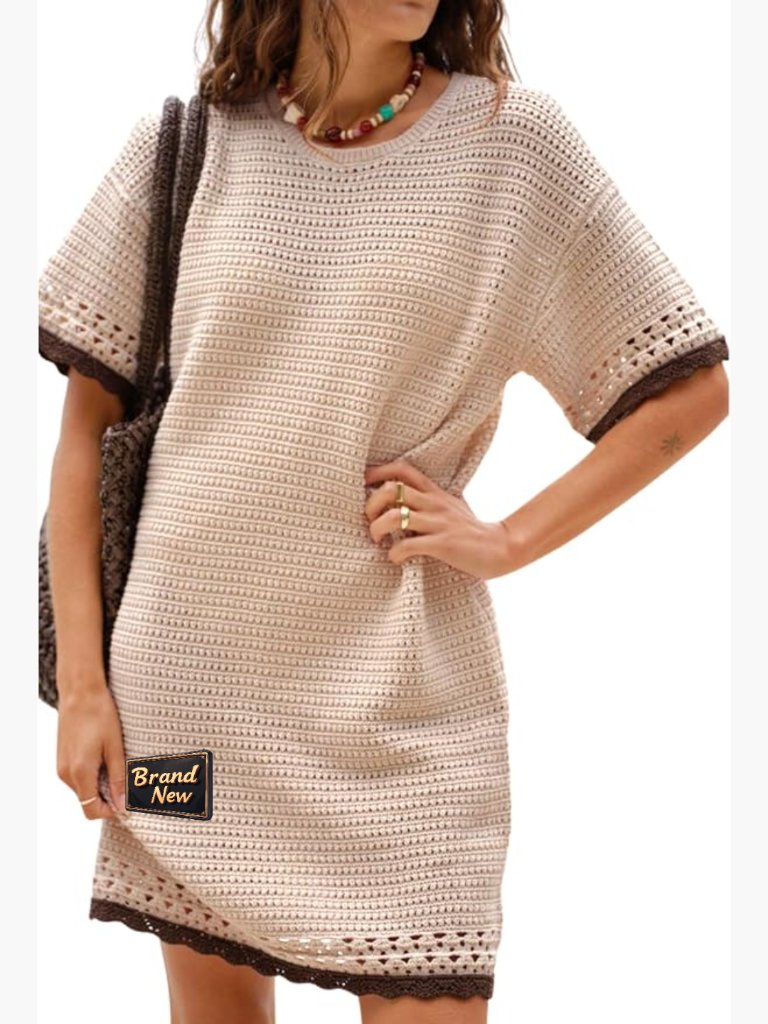 Crochet Knit Mini Dress Cover Up Short Sleeve Crew Neck Pullover Beach Dress